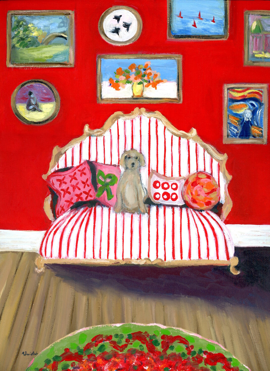 David Hockney Inspired Pup on Red Striped Sofa Interior Room Portrait Oil Painting Alexandra Swistak Original painting for sale
