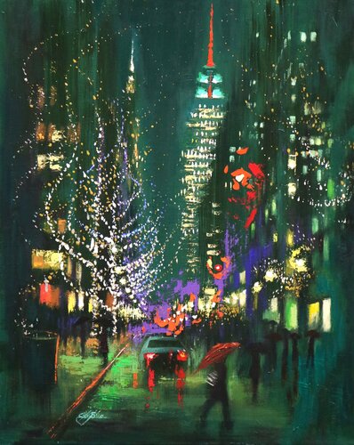 Holiday Spirit in Fifth Avenue by Chin H Shin, Painting for Sale on Select