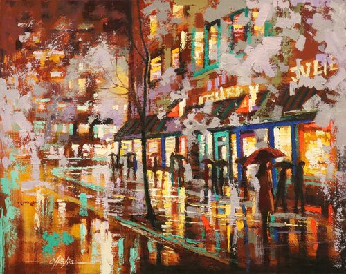 Broadway Rain and City Walkers by Chin H Shin, Painting for Sale on Select