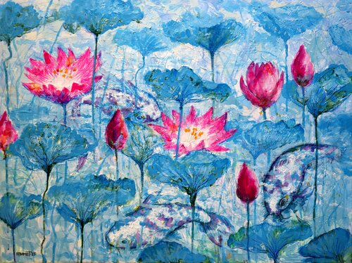 Water Lilies and Koi Fish by Rakhmet Redzhepov, Painting for Sale on Select