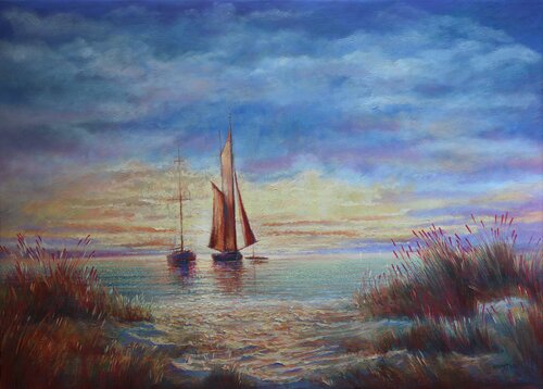 Sunrise in the Bay:linen, oil, 79x109 by Rakhmet Redzhepov, Painting for Sale on Select