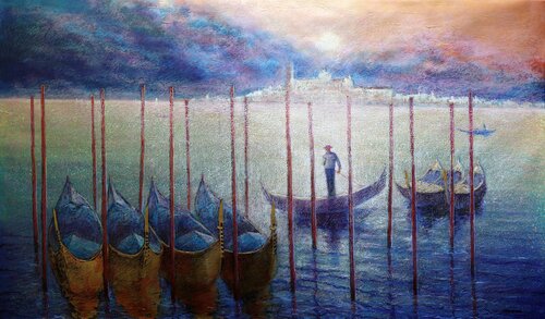 Venetian Golden Gondolas: linen, oil, acrylic, potal (gold leaf) by Rakhmet Redzhepov, Painting for Sale on Select