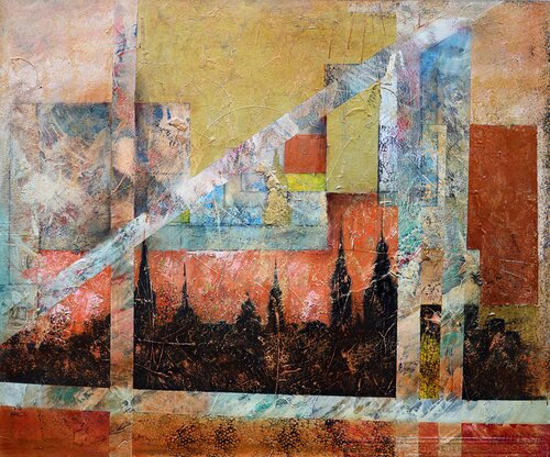 Golden City: abstract art, canvas, oil, acrylic. by Rakhmet Redzhepov, Painting for Sale on Select