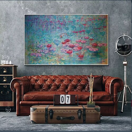Delicate Lilies: linen canvas, oil, acrylic, oil pastel. 90x150cm. by Rakhmet Redzhepov, Painting for Sale on Select