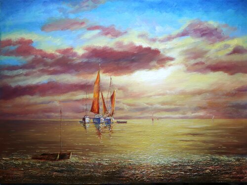Marine Evening (2), Canvas, Oil, Acrylic, Potal, 79x109 cm by Rakhmet Redzhepov, Painting for Sale on Select