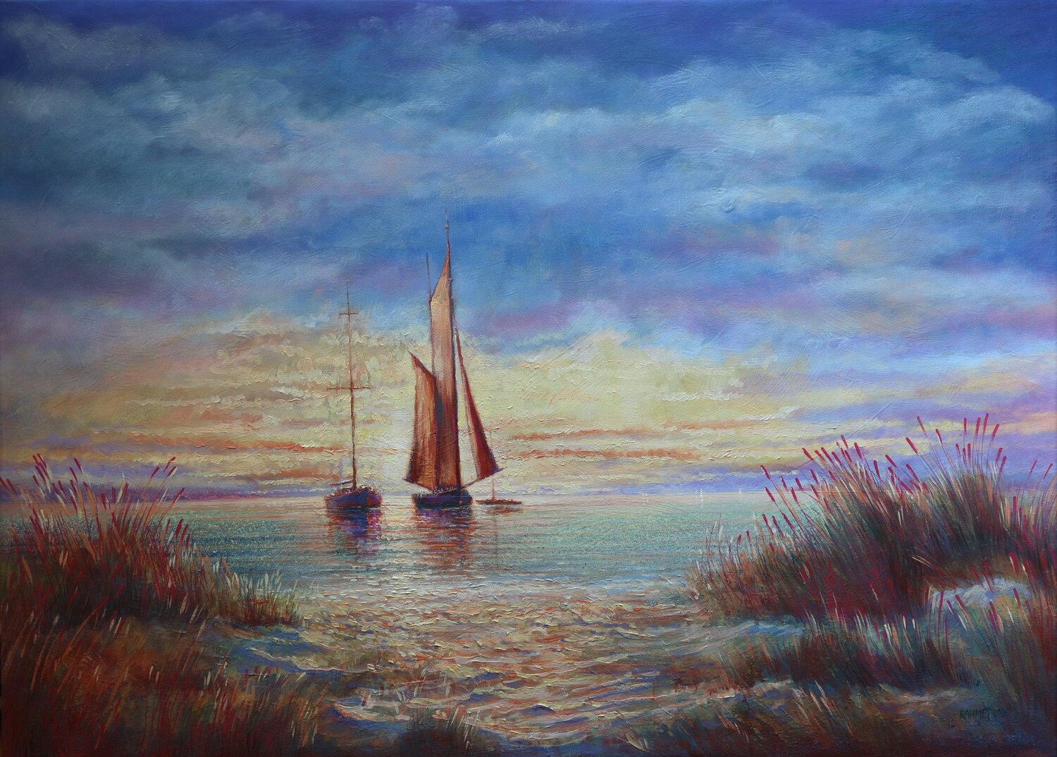 Sunrise in the Bay:linen, oil, 79x109 Rakhmet Redzhepov Original painting for sale