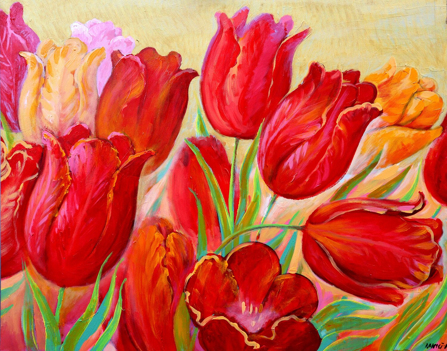 Tulips of Love, Impressionist Oil and Acrylic Rakhmet Redzhepov Original painting for sale