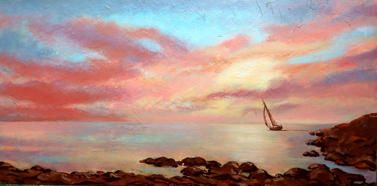 Crimson Sunset  : (SPACES Series) Canvas, Oil, Acrylic Rakhmet Redzhepov Original painting for sale