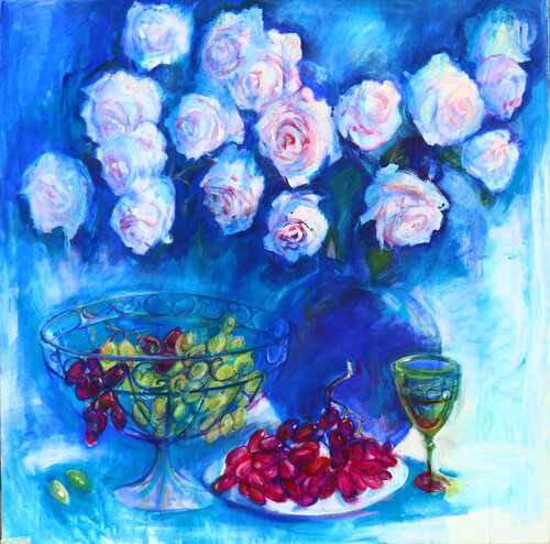Stillleben min Traube, Rosen und Glas Wein by Elena Starostina, Painting for Sale on Select