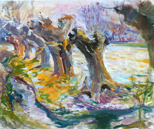 Willow trees at the sunset in winter by Elena Starostina, Painting for Sale on Select