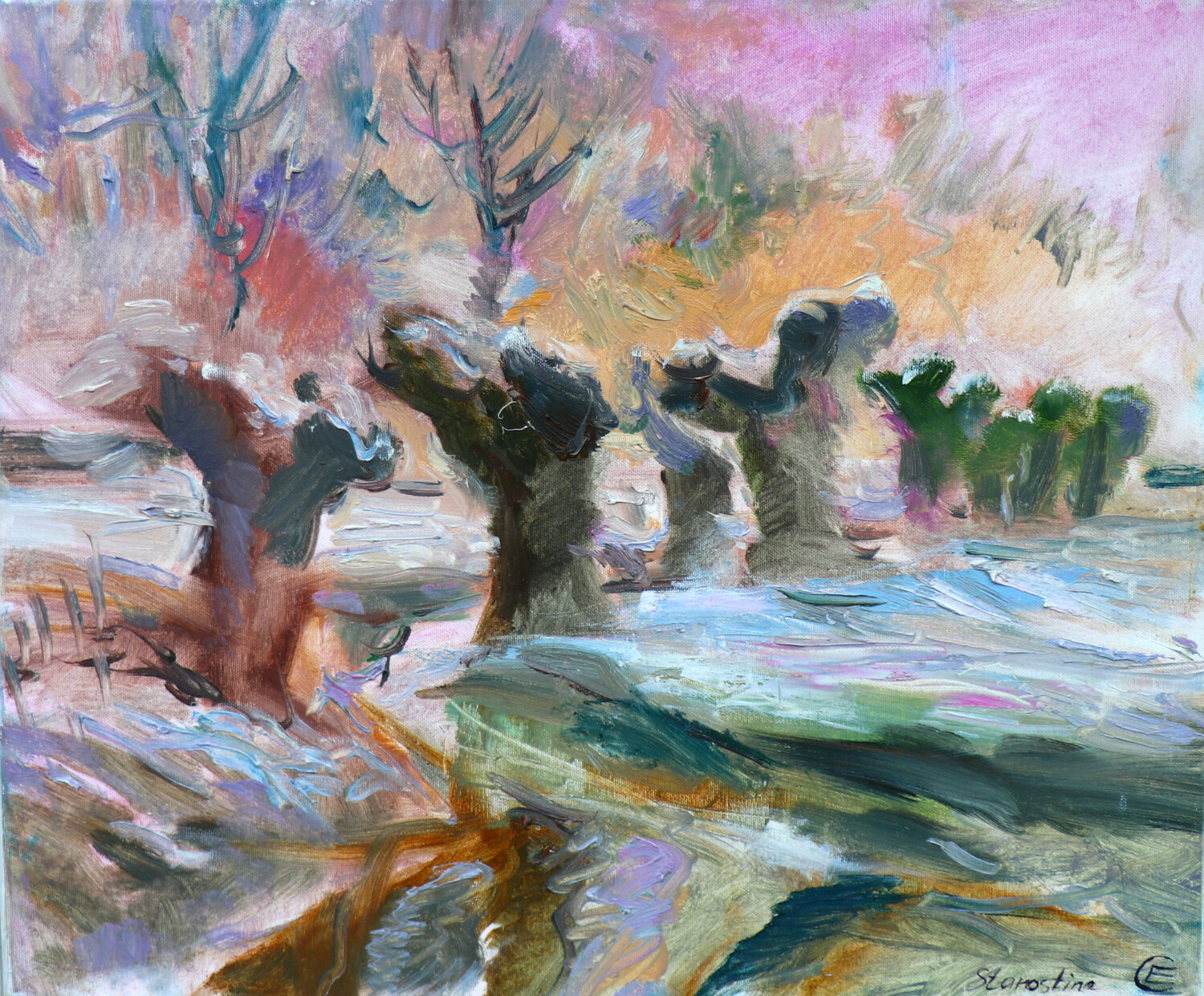 Willow trees at the sunset in winter Elena Starostina Original painting for sale