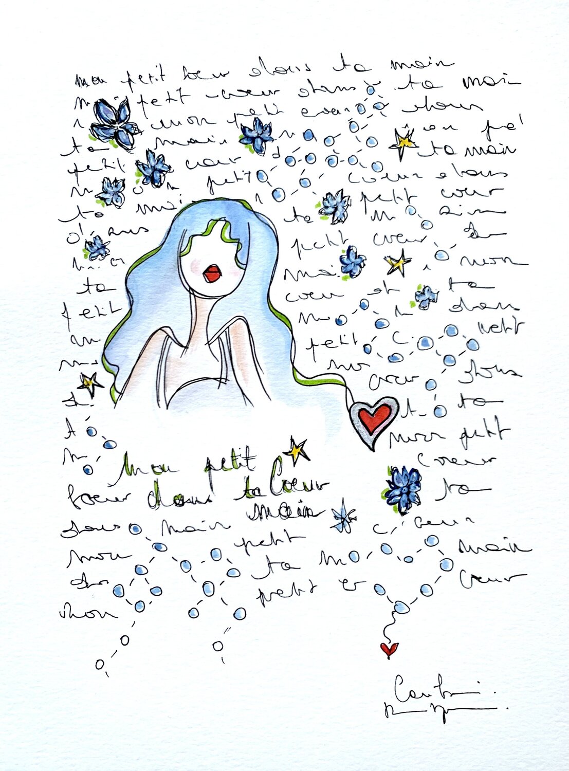 Mon petit coeur dans ta main Caroline Montigneaux Drawing for sale