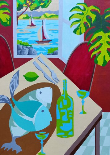 Still life with fish and landscape by Peter Vamosi, Painting for Sale on Select