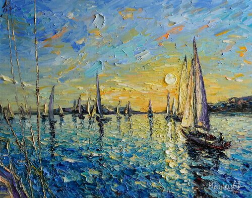 Sunset Sailing Boats by Haykuhi Khachatryan, Painting for Sale on Select