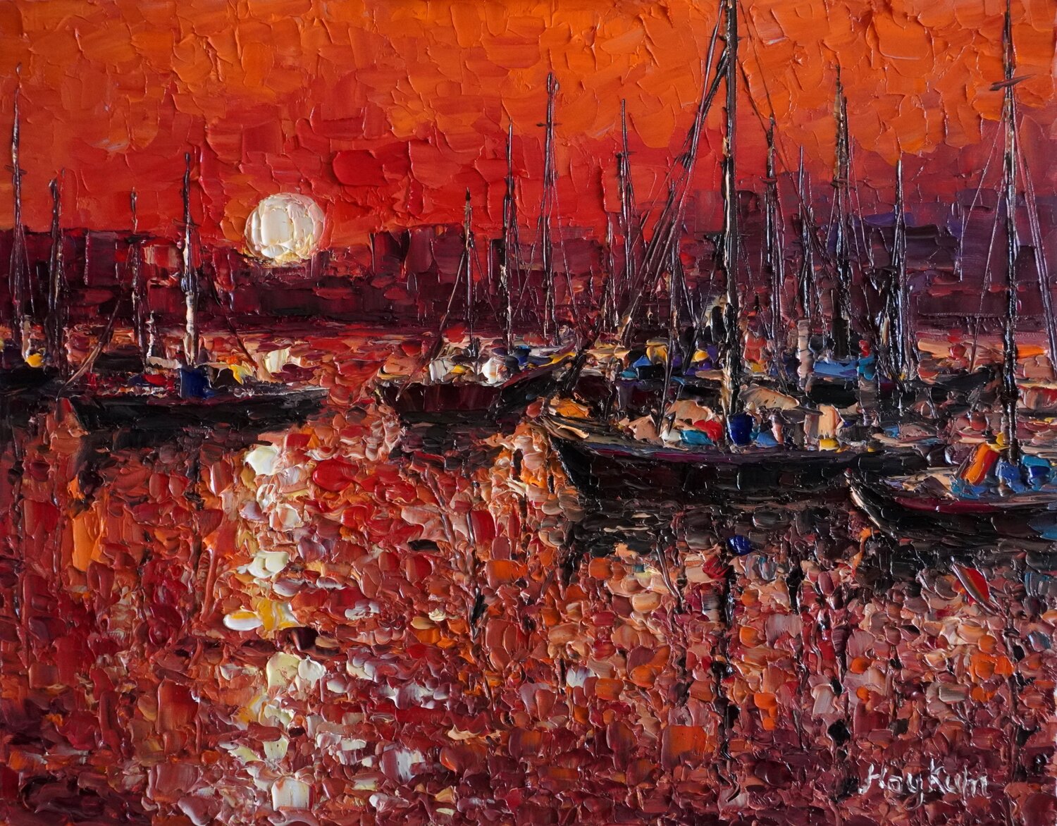 Sunset with boats Haykuhi Khachatryan Original painting for sale