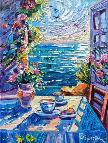 Coffee and Dreams on the terrace by Vanya Georgieva, Painting for Sale on Select