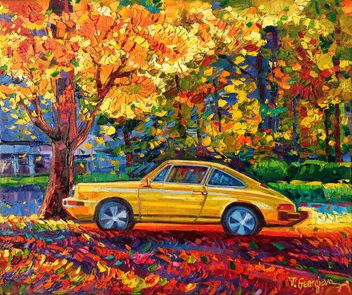 One Porsche in the fall forest by Vanya Georgieva, Painting for Sale on Select