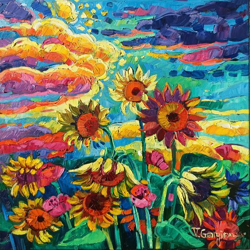 When the Sunflowers kiss the clouds by Vanya Georgieva, Painting for Sale on Select