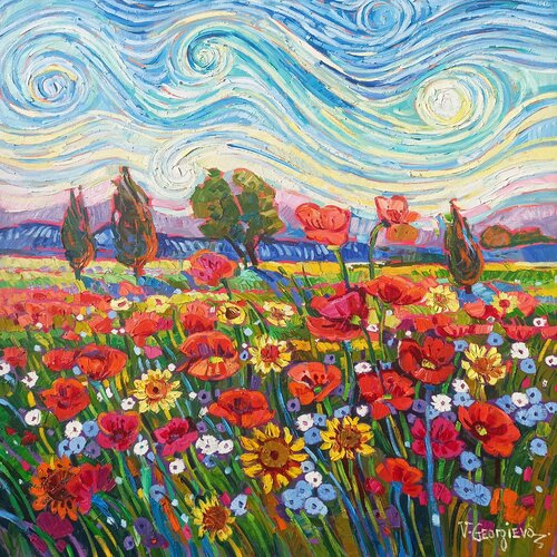 Joy poppies and Gogh sky by Vanya Georgieva, Painting for Sale on Select