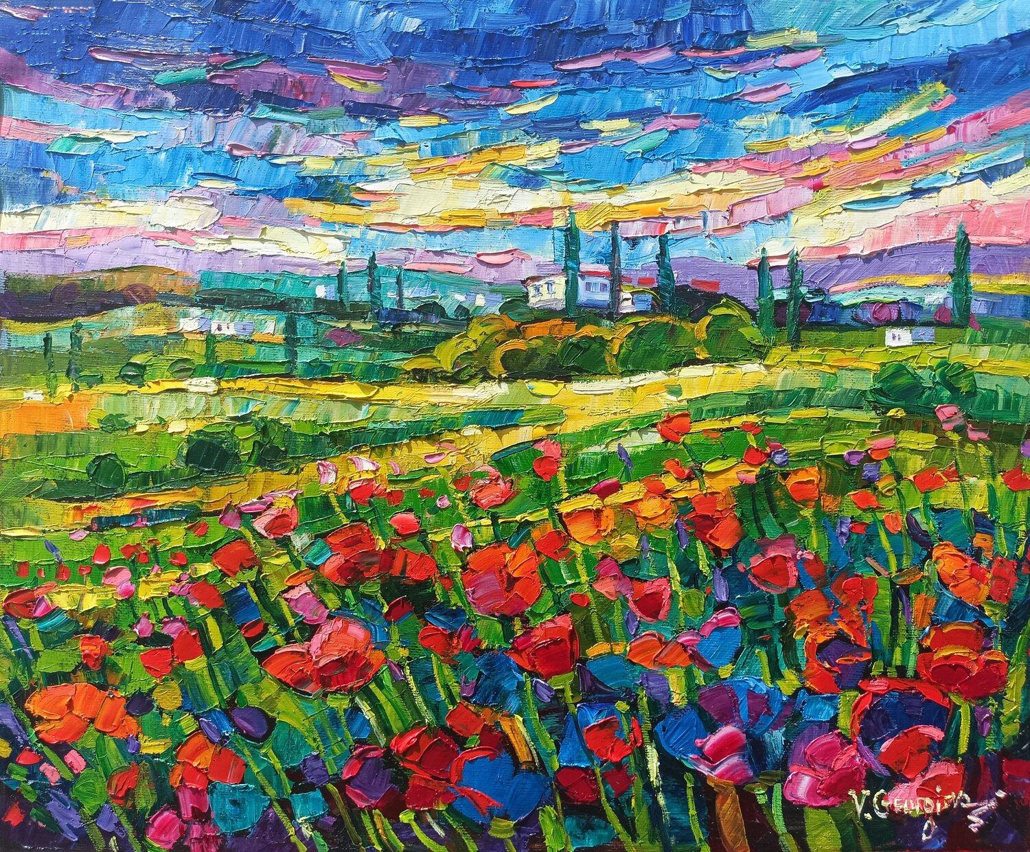 Poppies field in Tuscany 3 Vanya Georgieva Original painting for sale