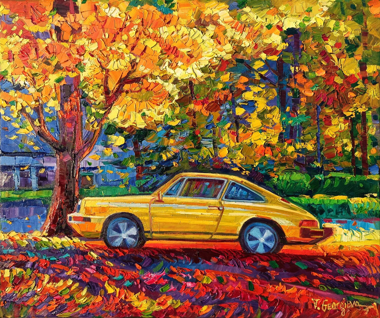 One Porsche in the fall forest Vanya Georgieva Original painting for sale