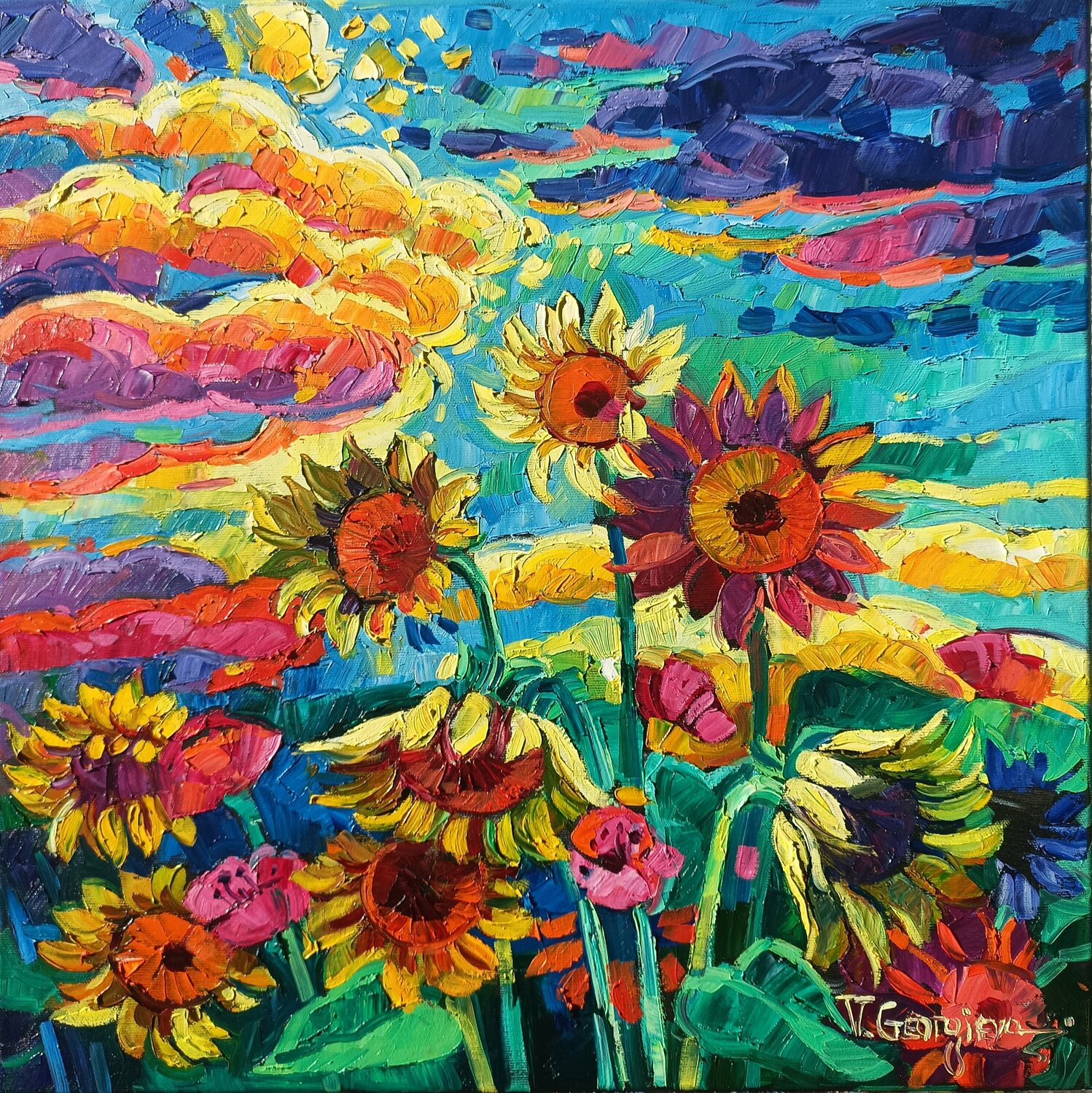 When the Sunflowers kiss the clouds Vanya Georgieva Original painting for sale