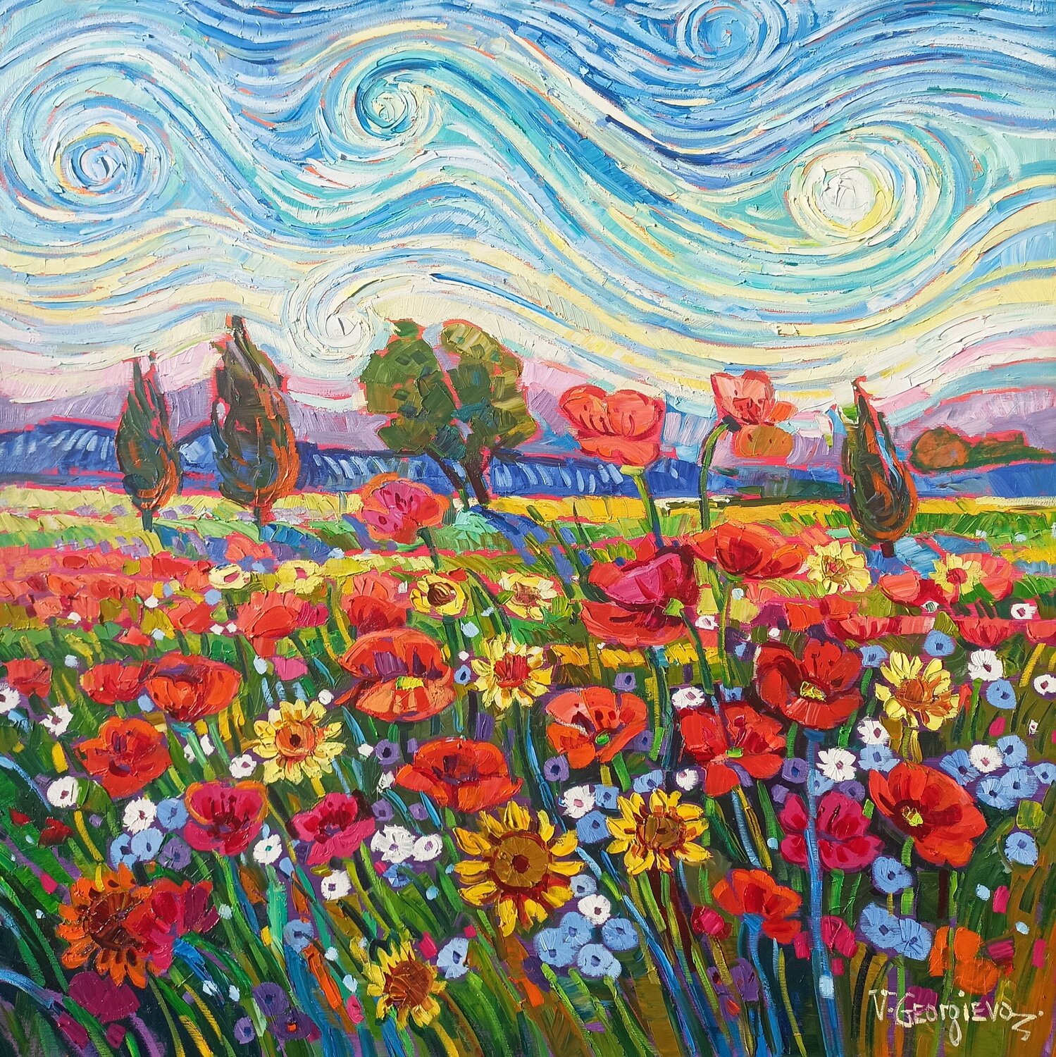 Joy poppies and Gogh sky Vanya Georgieva Original painting for sale
