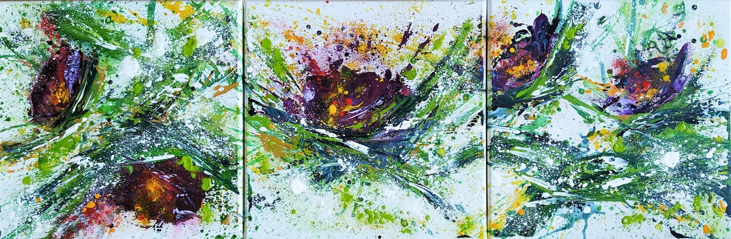 Explosion florale - triptyque Sylvie Jousselin Original painting for sale