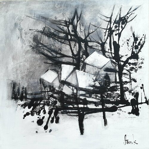 Winter canvas (black and white winter landscape) by Anna Soghomonyan, Painting for Sale on Select