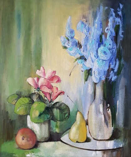 On my window: modern still life with flowers and fruits by Anna Soghomonyan, Painting for Sale on Select