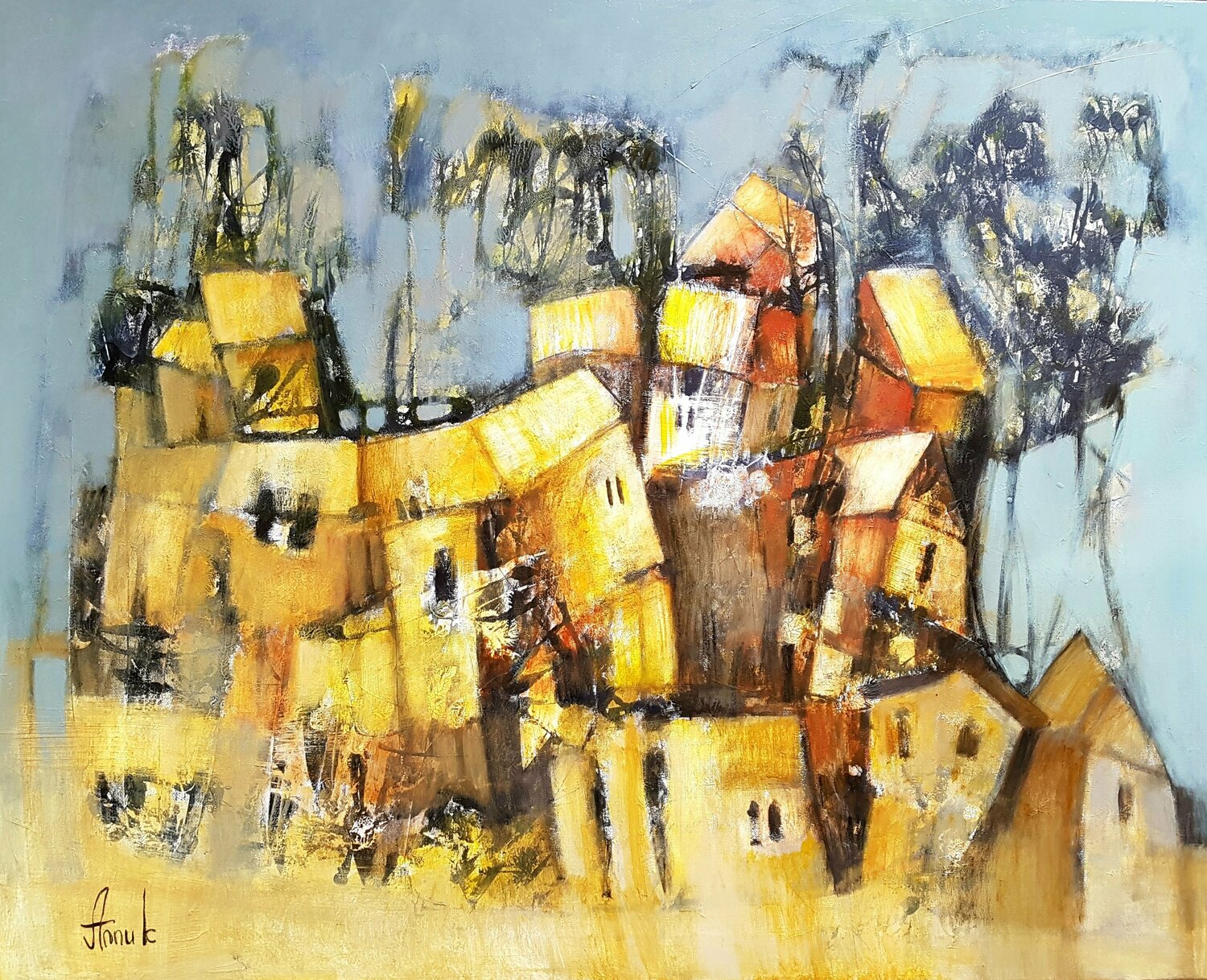 Yard from childhood (modern rural landscape) Anna Soghomonyan Original painting for sale