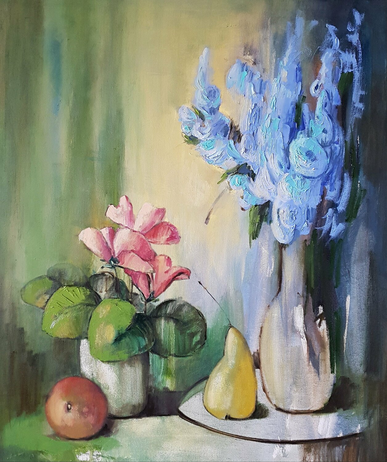 On my window: modern still life with flowers and fruits Anna Soghomonyan Original painting for sale