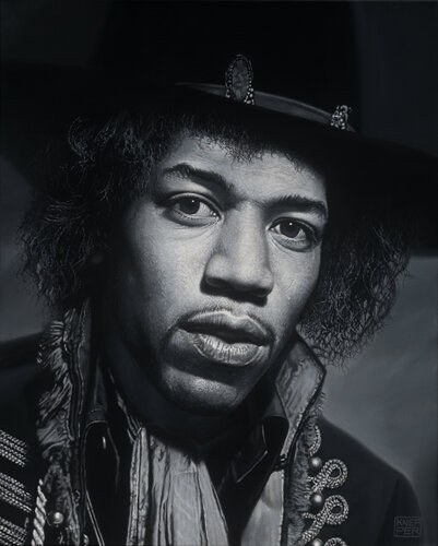 Jimi Hendrix- black and white by Michael Knepper, Painting for Sale on Select