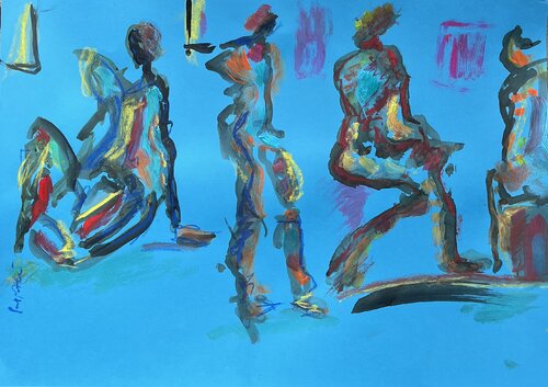 Débat à 4 dans le bleu by PatMoli, Painting for Sale on Select