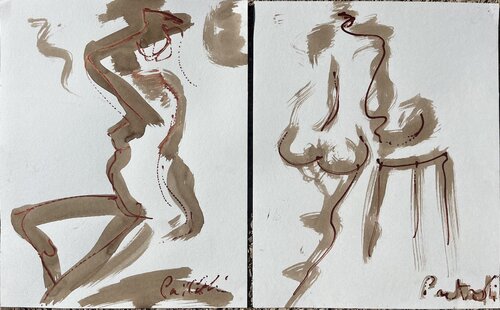 Diptyque femme au trait cuivre sur blanc by PatMoli, Drawing for Sale on Select