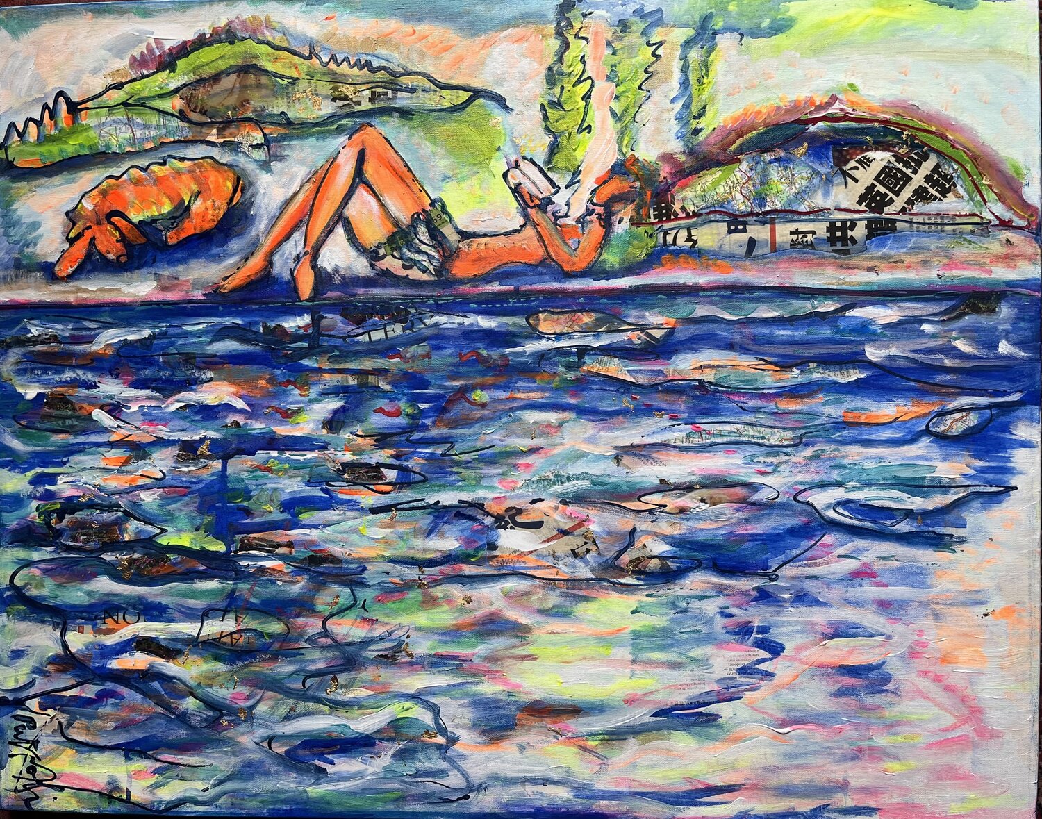 Apaisement au bord de l'eau avec mon chien PatMoli Original painting for sale