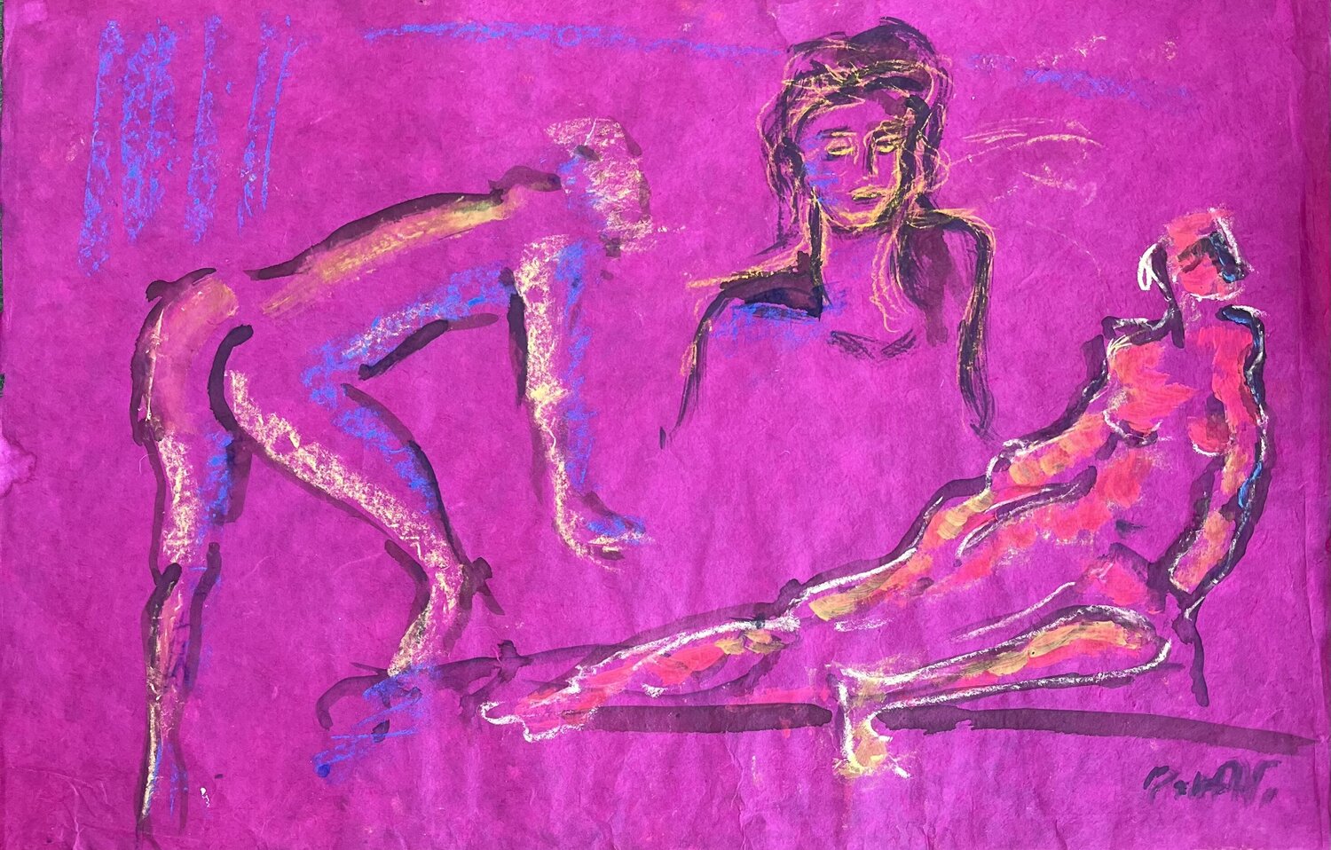 femme et portrait  dans la soie rose PatMoli Drawing for sale