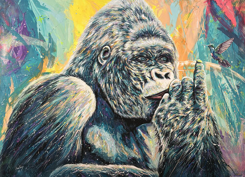 Gorilla e colibrì XXL by Hani Badawi Leo, Painting for Sale on Select