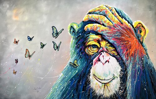 Monkey with Butterfly the Rebirth by Hani Badawi Leo, Painting for Sale on Select