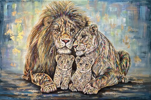 Famiglia Leoni con 2 cuccioli by Hani Badawi Leo, Painting for Sale on Select
