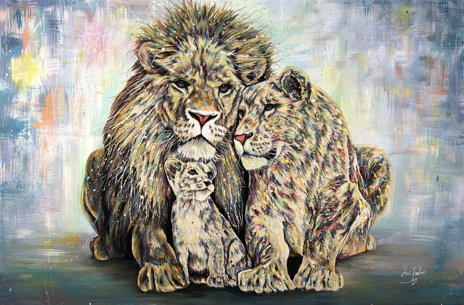 The Lion Family with Baby Hani Badawi Leo Original painting for sale