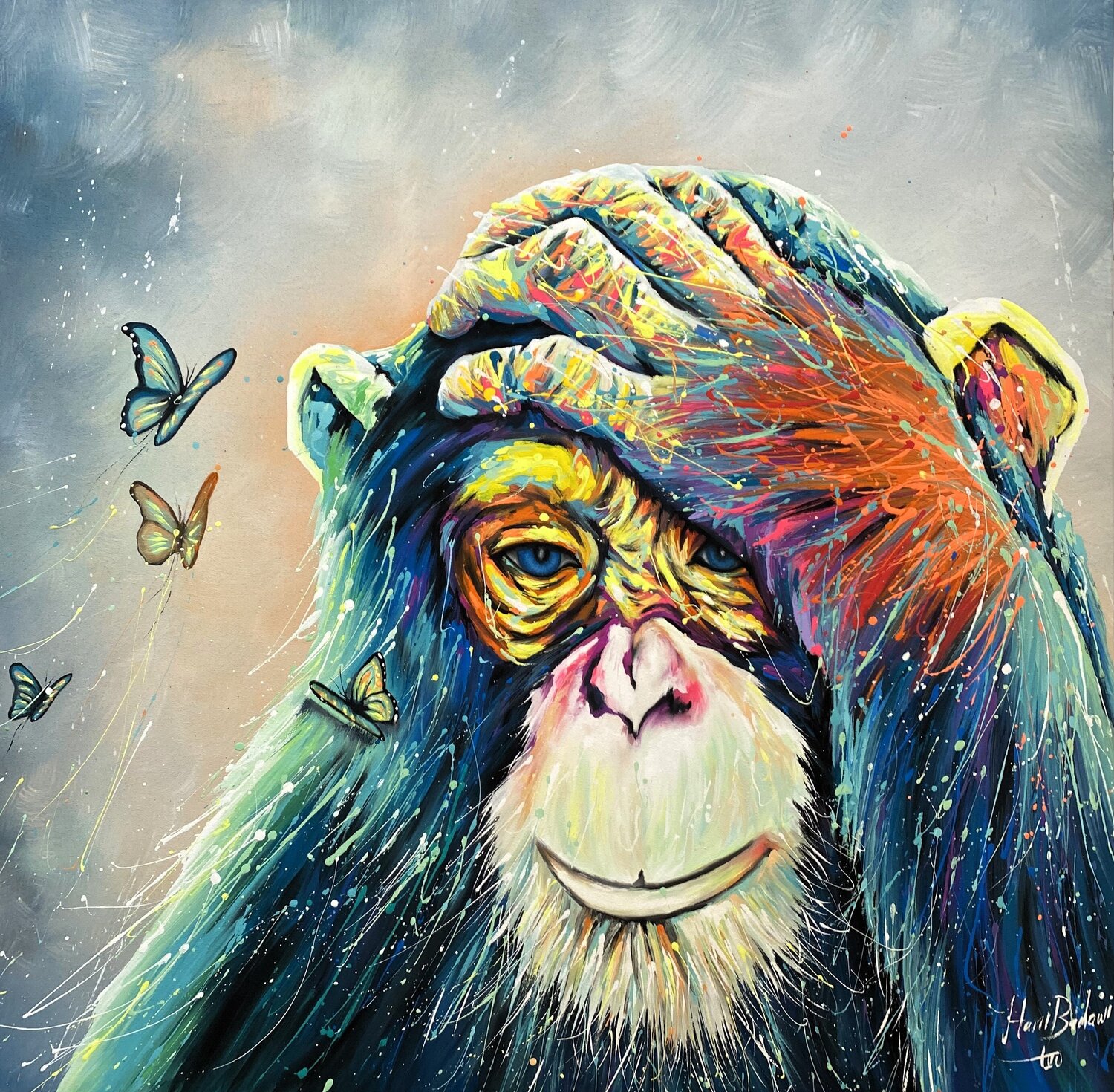Monkey with Butterfly Hani Badawi Leo Original painting for sale