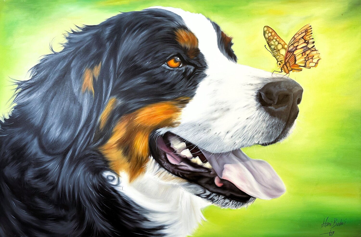 Bernese Dog and the Butterfly Hani Badawi Leo Original painting for sale