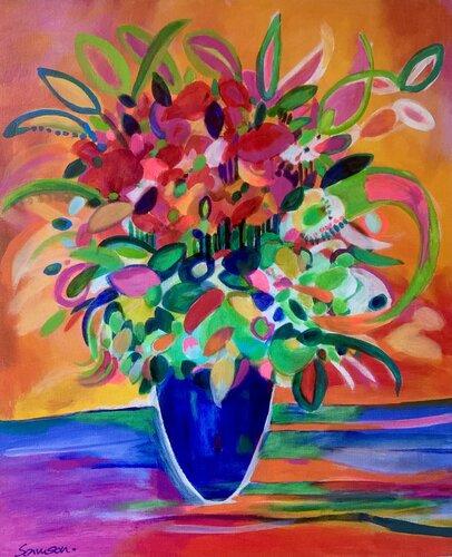 Glowing red flowers by Anne Samson, Painting for Sale on Select