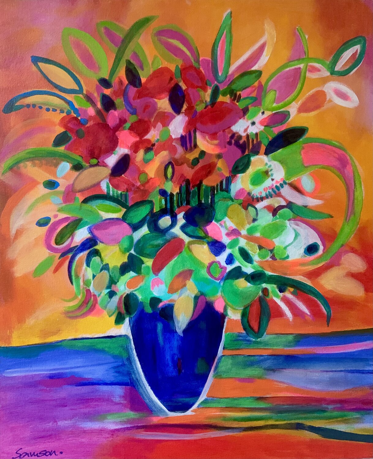 Glowing red flowers Anne Samson Original painting for sale