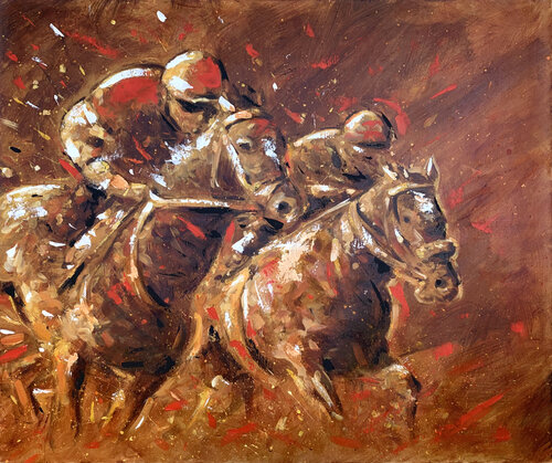 HORSE RACE ON RED OCHRE by Alessandro Piras, Painting for Sale on Select
