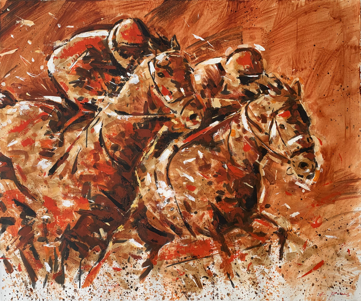 HORSE RACE ON ORANGE Alessandro Piras Original painting for sale