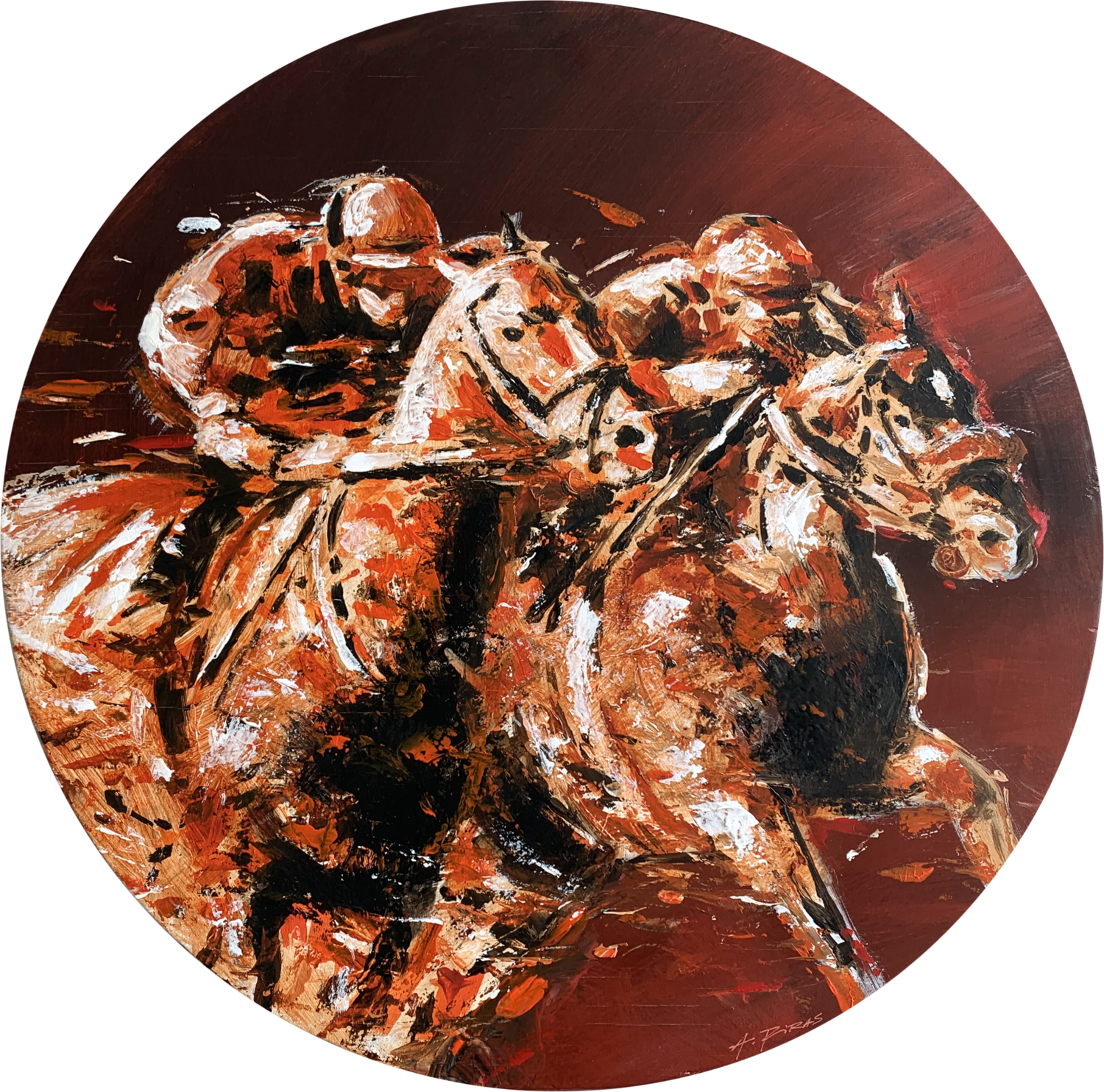 HORSE RACING ON ROUND Alessandro Piras Original painting for sale