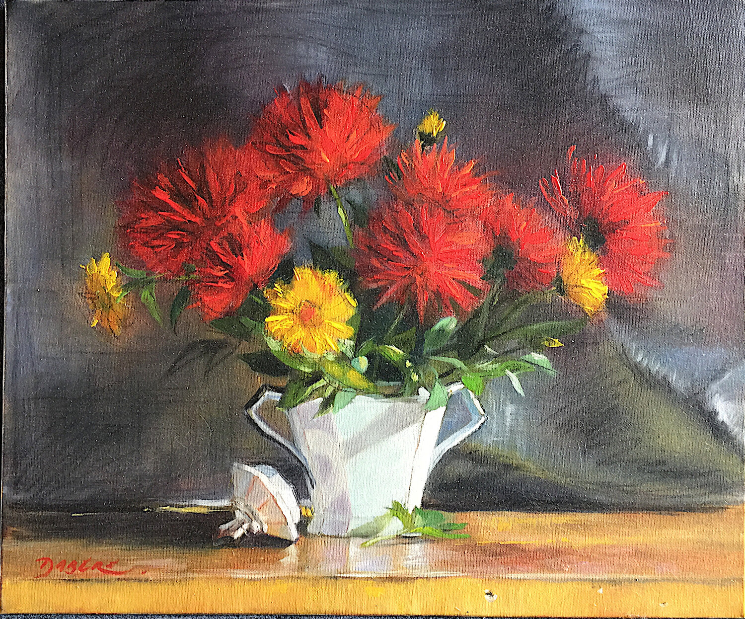 Fleurs de dahlias rouges PASCAL DABERE Original painting for sale