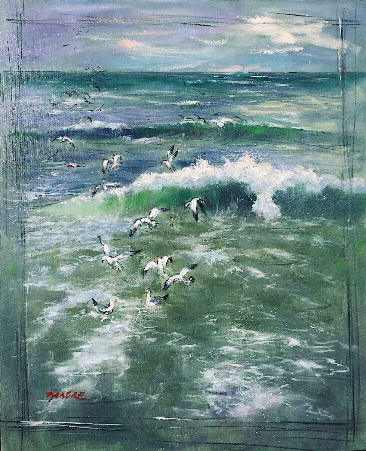 La vague et le ballet des mouettes PASCAL DABERE Original painting for sale